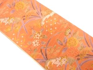 手織り紬　七宝に菊・芒・楓模様織り出し　全通袋帯